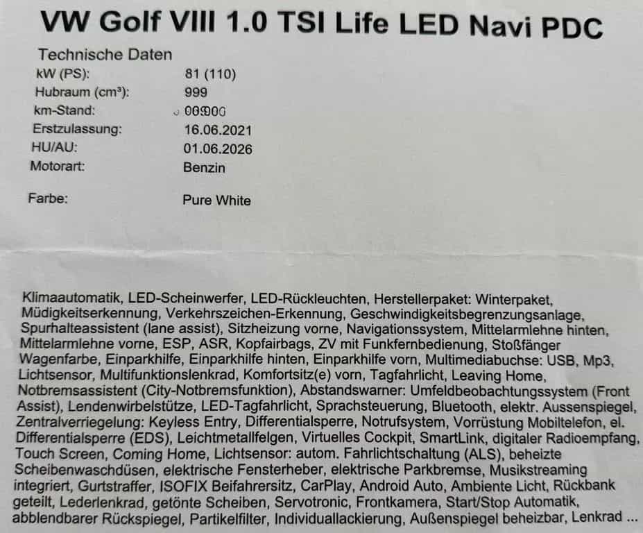 Volkswagen VW Golf VIII 1.0 TSI Life Led Navi PDC 05/2021-photo-12