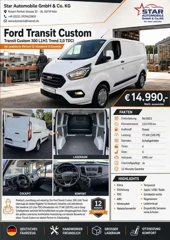 Main__Slider__Photo:Ford Transit Custom Kasten 300 L1H1 Trend PDC ABS EU6 06/2021-1