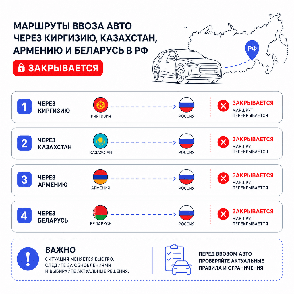 Схемы ввоза авто через Киргизию, Казахстан, Армению и Беларусь закрывают. Статус поправок на июль 2026, доначисления утильсбора, риски на вторичке и как ввезти без сюрпризов.-0
