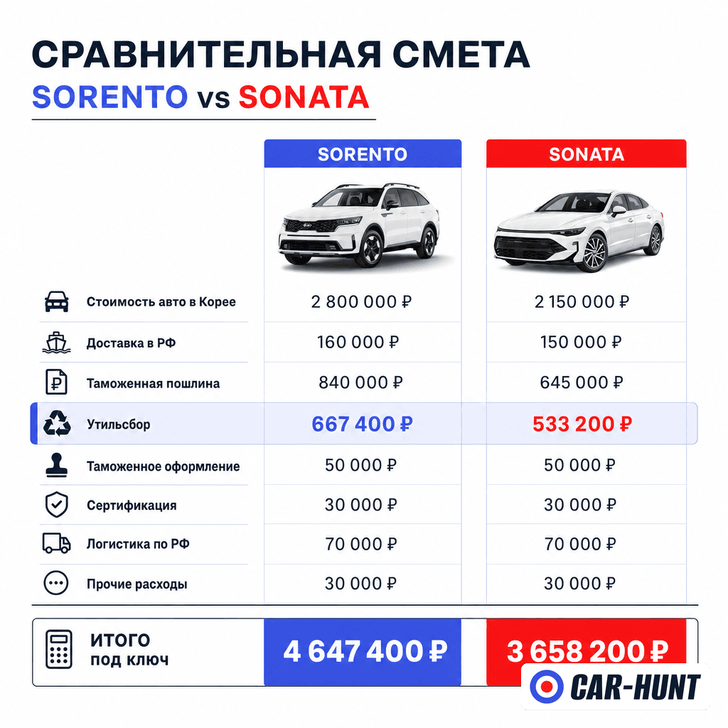 Пример расчёта растаможки: Kia Sorento против Hyundai Sonata