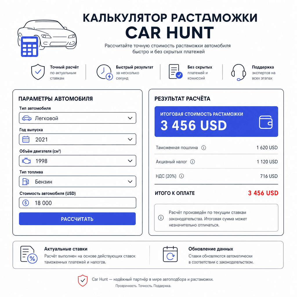Калькулятор растаможки авто из Европы Car Hunt