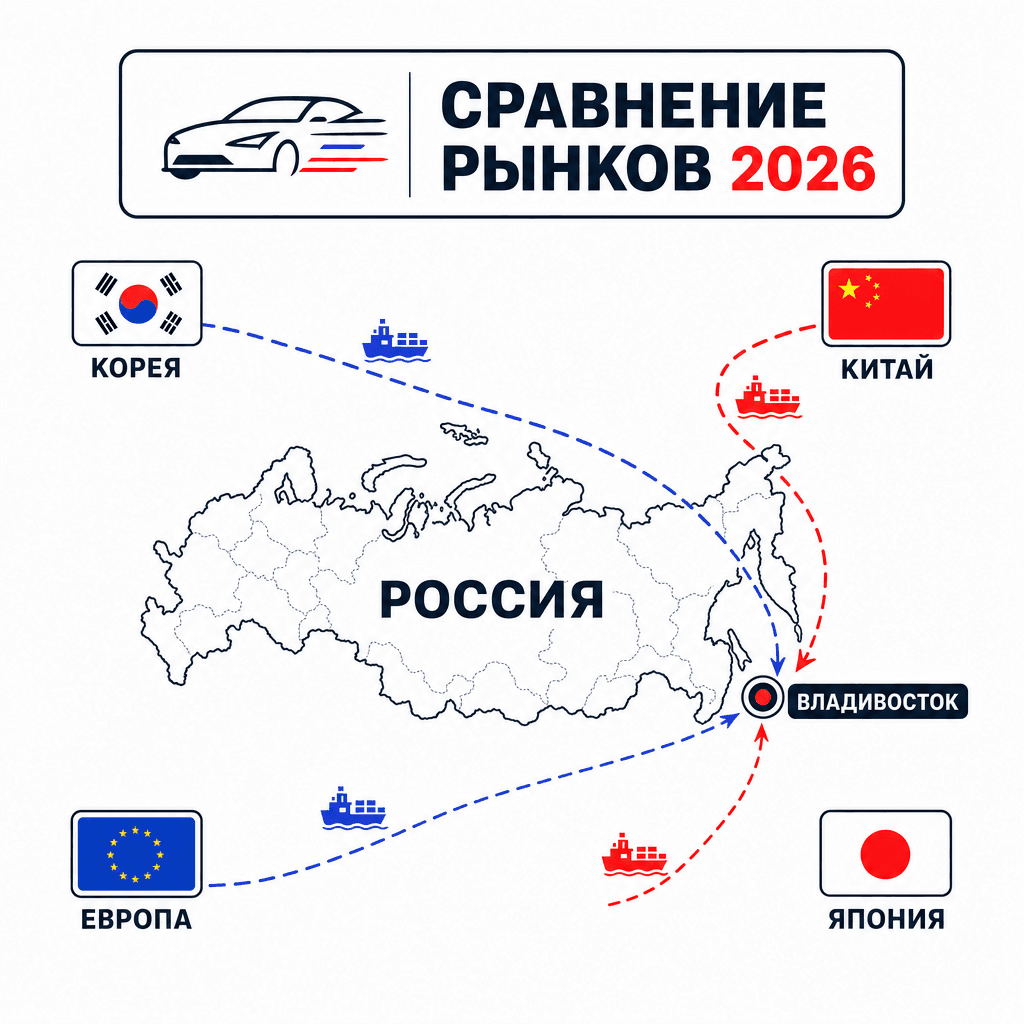 Сравниваем 4 рынка авто в 2026: цена, сроки, ассортимент, растаможка и риски. Корея, Китай, Европа, Япония — откуда выгоднее пригнать машину. Расчёты и таблица.-0