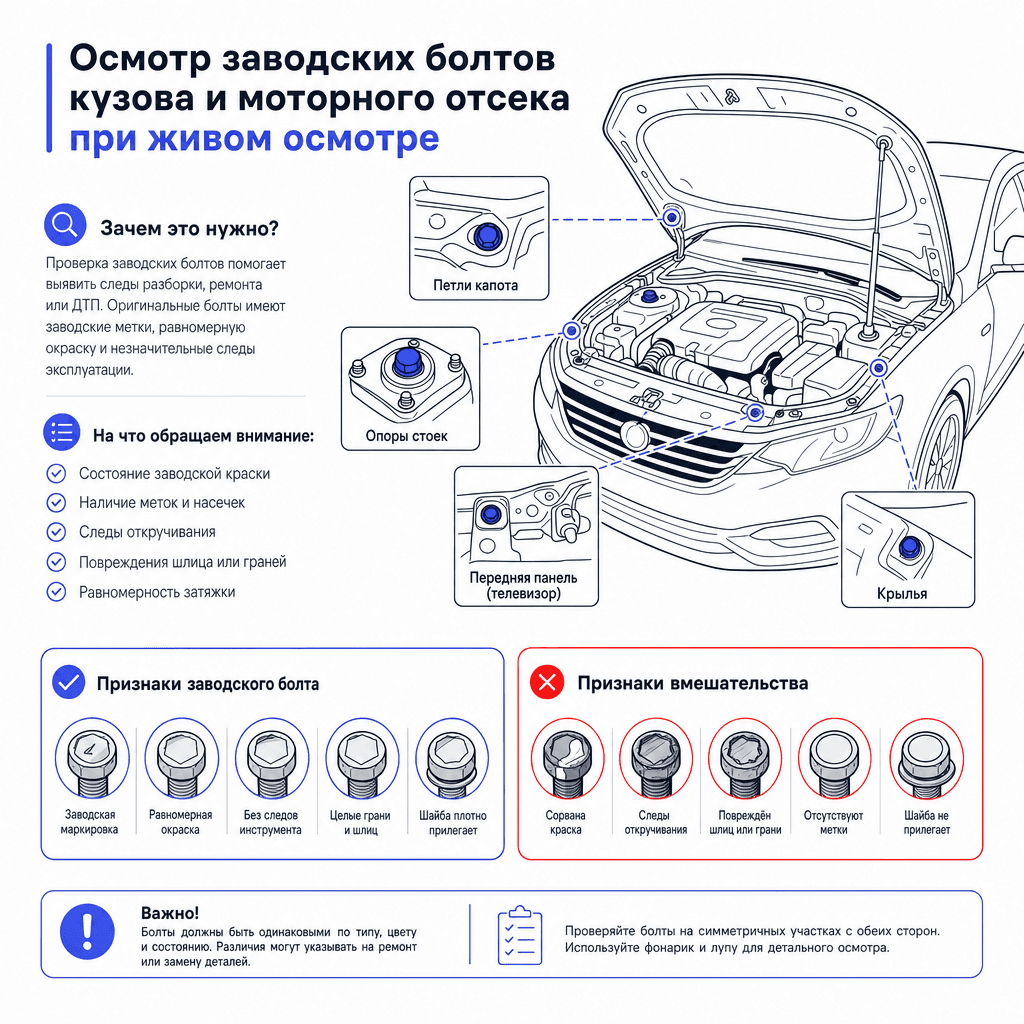 Проверка заводских болтов кузова корейского авто при осмотре