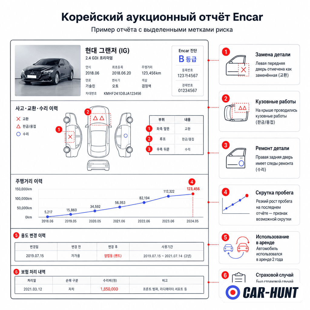 Отчёт Encar по авто из Кореи: метки ДТП, пробега и аренды