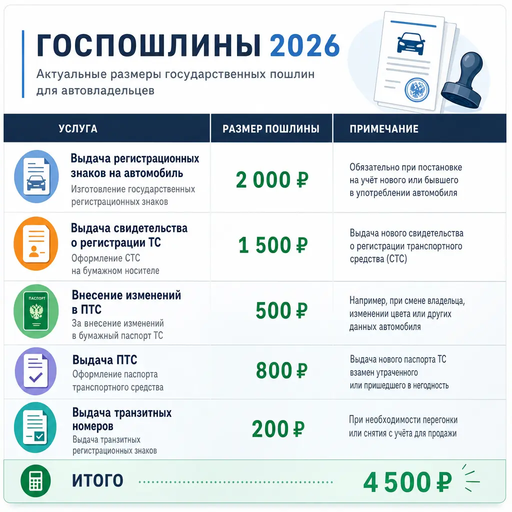 Госпошлины за постановку авто на учёт в 2026 году