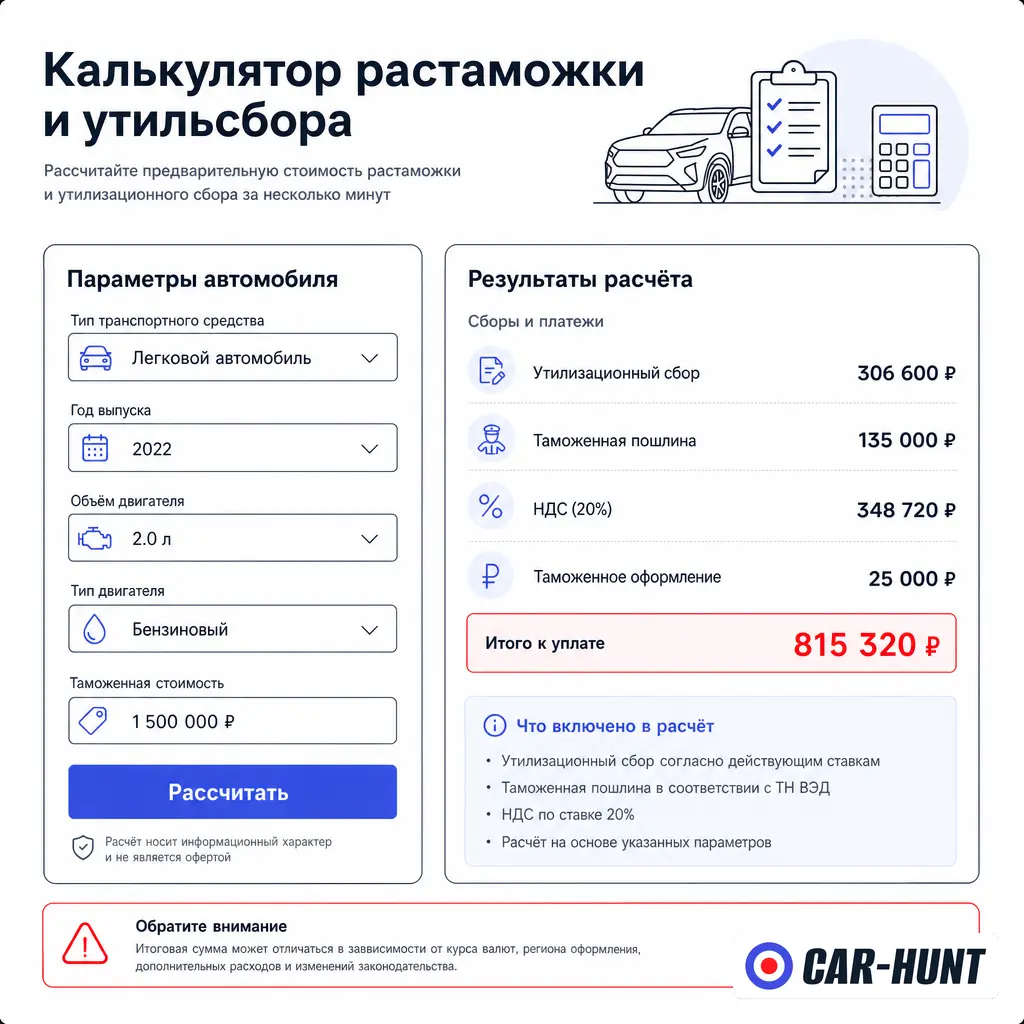 Калькулятор утилизационного сбора и растаможки Car Hunt