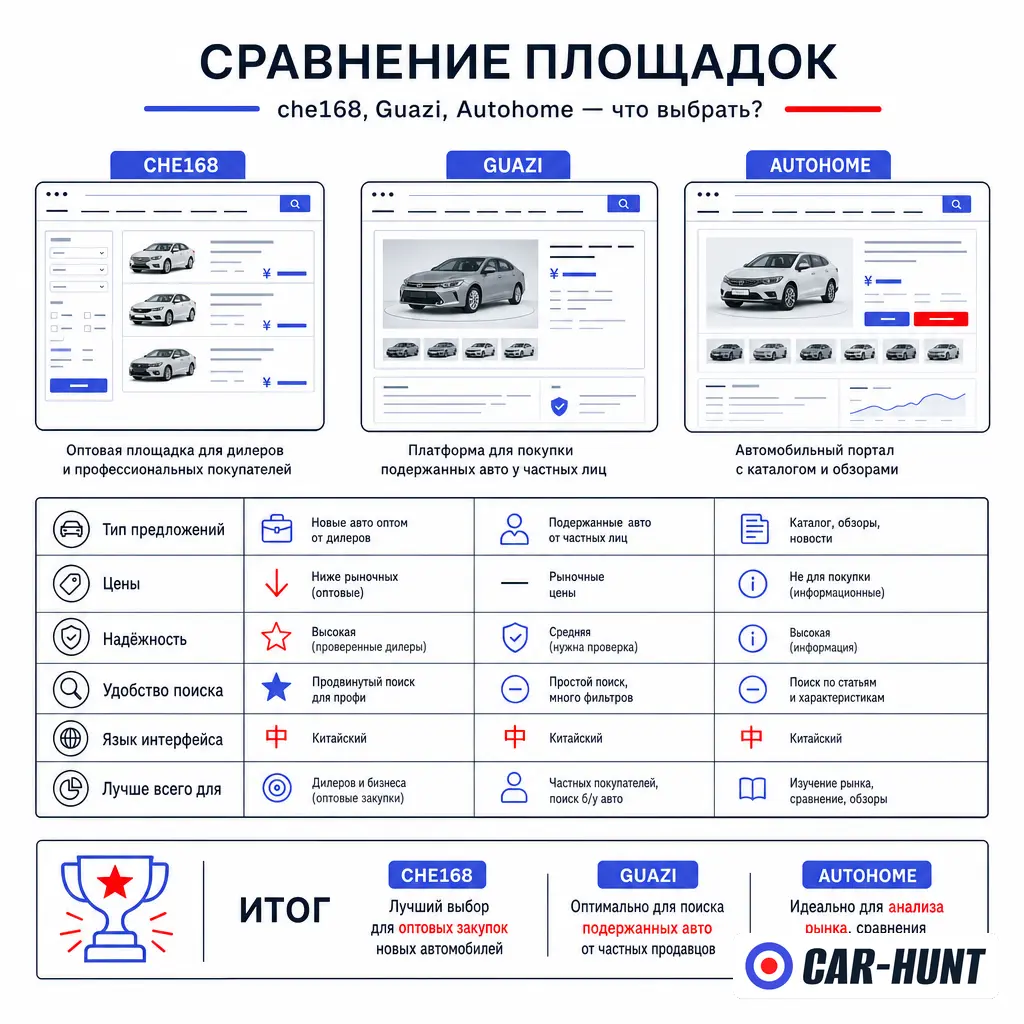 Китайские авто-площадки: Dongchedi, che168, Guazi, Autohome