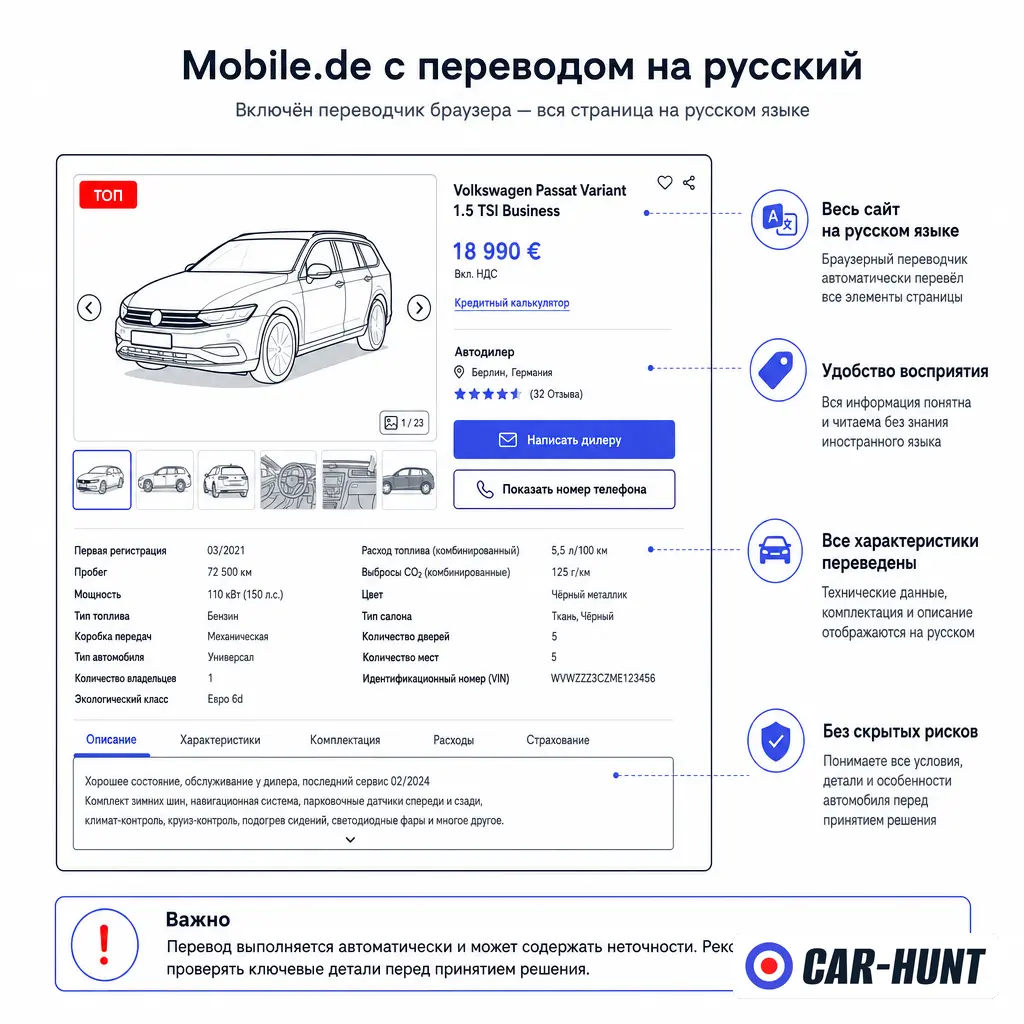 Mobile.de на русском: перевод сайта в браузере