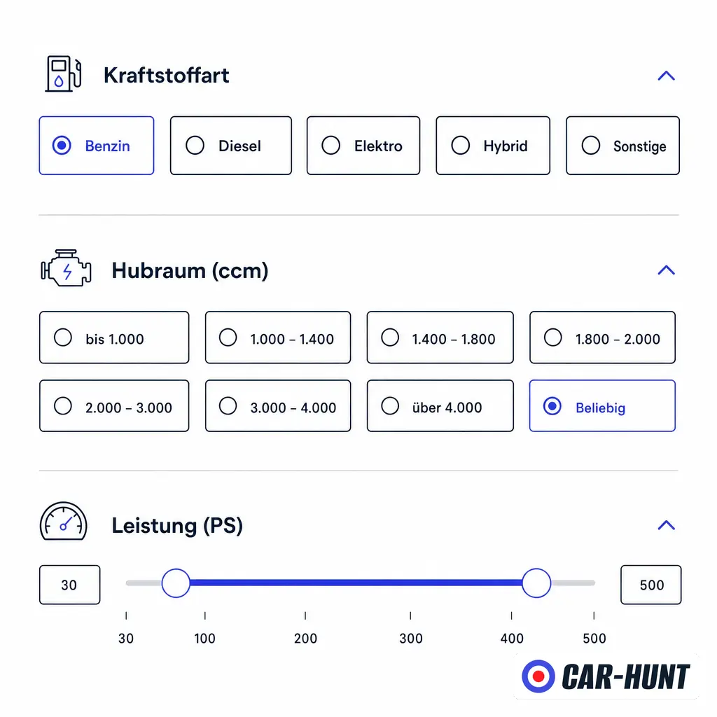 Фильтры поиска на Mobile.de: топливо, объём двигателя, мощность под растаможку