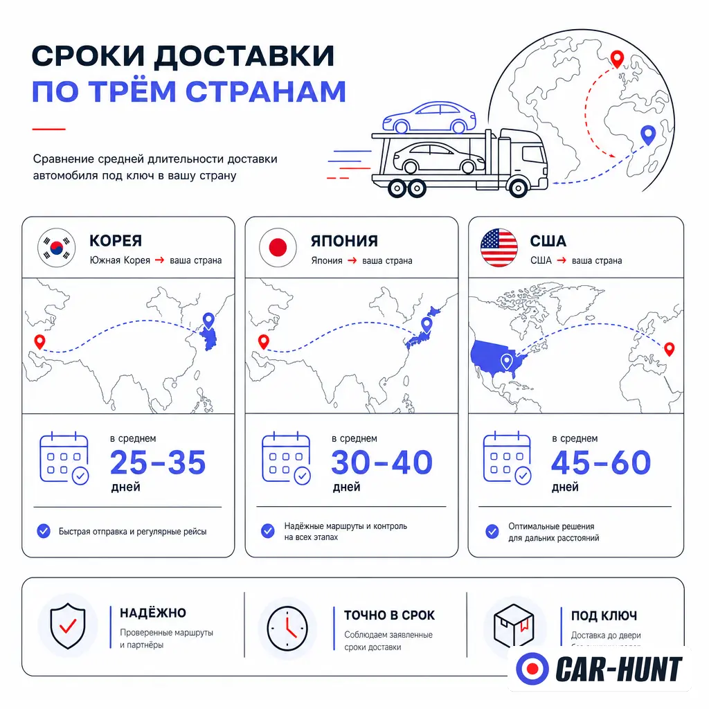 Сравнение сроков доставки авто из Кореи, Китая и Европы