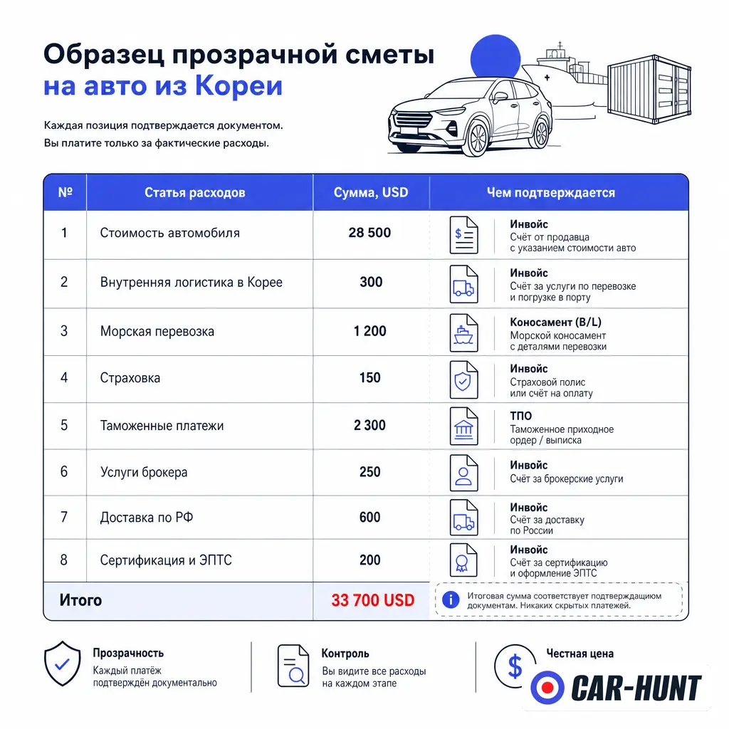 Прозрачная смета на авто из Кореи под ключ с подтверждающими документами